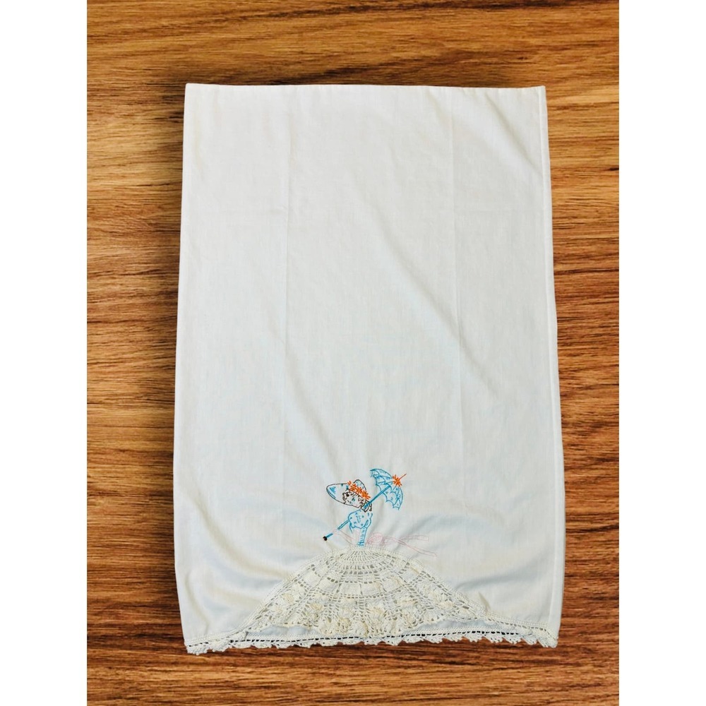 Vintage Handmade Girl With Umbrella Lace Dress Needlepoint Pillowcase 30" X 20"